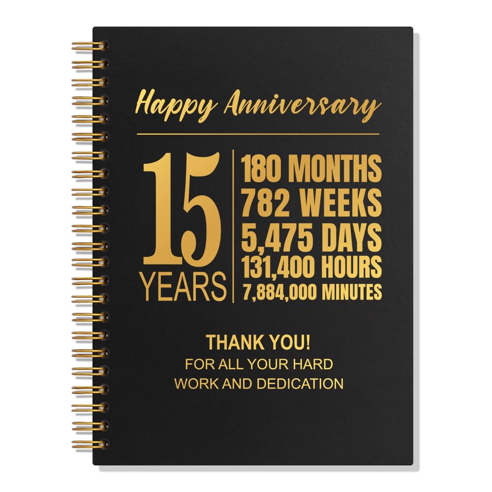WUUCKOO Happy Anniversary 15 Years 80 Sheets 160 Pages Spiral Notebook,15th Work Anniversary Journal Gifts for Employee, Employee Appreciation Gifts,