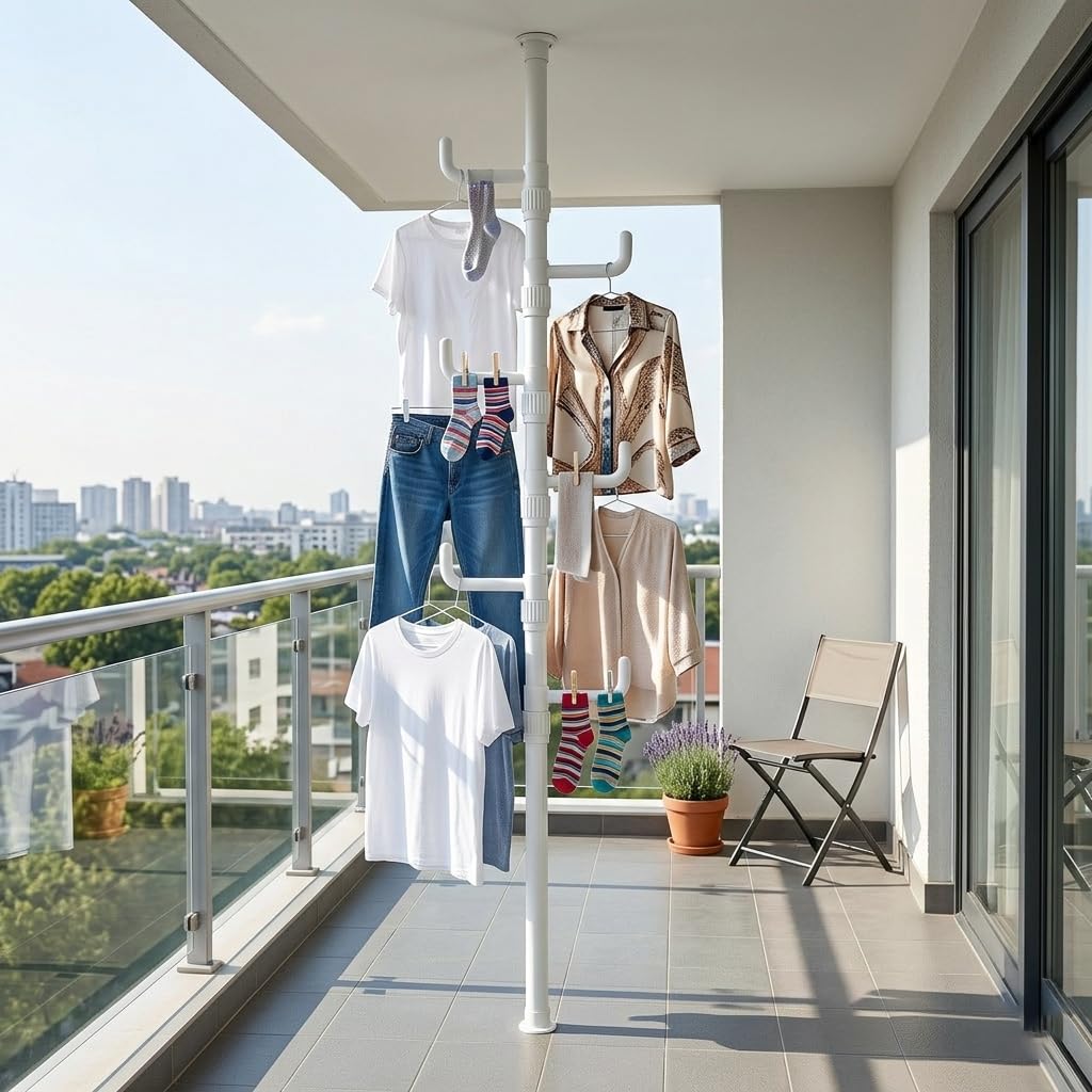 Floor to Ceiling Clothes Drying Rack, Adjustable Tension Pole Laundry Rack for Balcony. Vertical Coat Hanger Stand for Bathroom Bedroom, No Drilling Easy Install Space Saving (White)