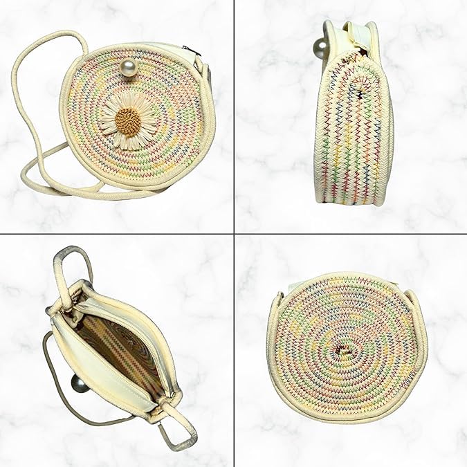 Image of Classy Bag Round Straw Crossbody Bag for Women - Woven Circle Purse with Daisy Flower Design and Pearl Clasp - Boho Summer Handbag