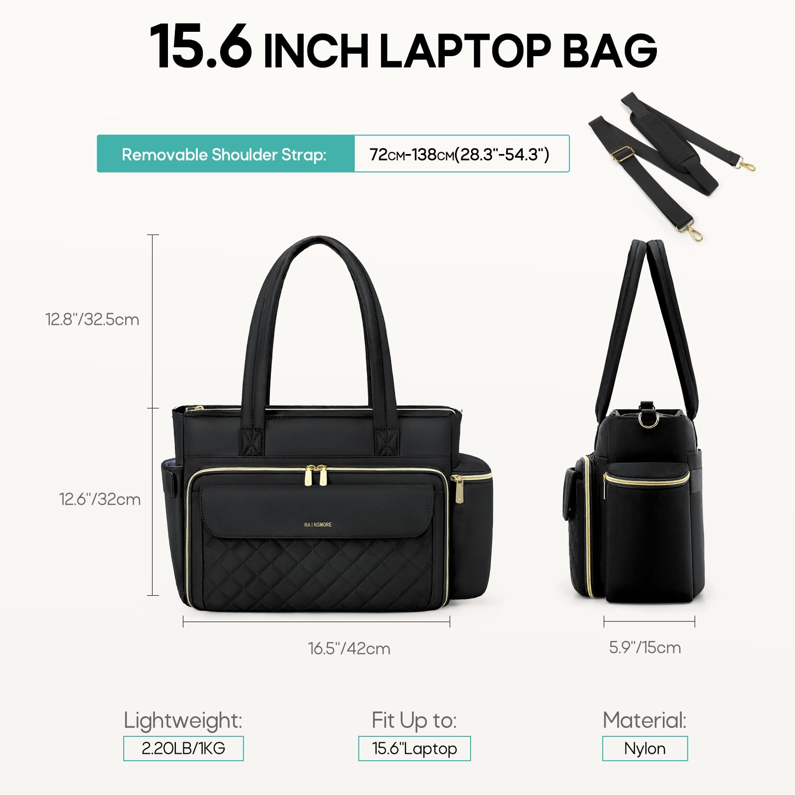 RAINSMORE Lehrertasche Damen Groß Laptoptasche, 15,6 Zoll, Schwarz | Arbeitstasche Isolierfach und Groß Getränkehalter, 3 Fächer, Abnehmbarer Schultergurt, Für Büro Uni Reisen