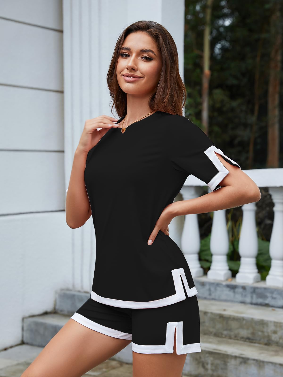 JFAN Chandal Mujer Chándal Completo 2 Piezas Conjunto Chándale de Verano de Manga Corta Casual Conjuntos Deportivo de Pantalones Cortos con Bolsillos y Cuello Redondo Top
