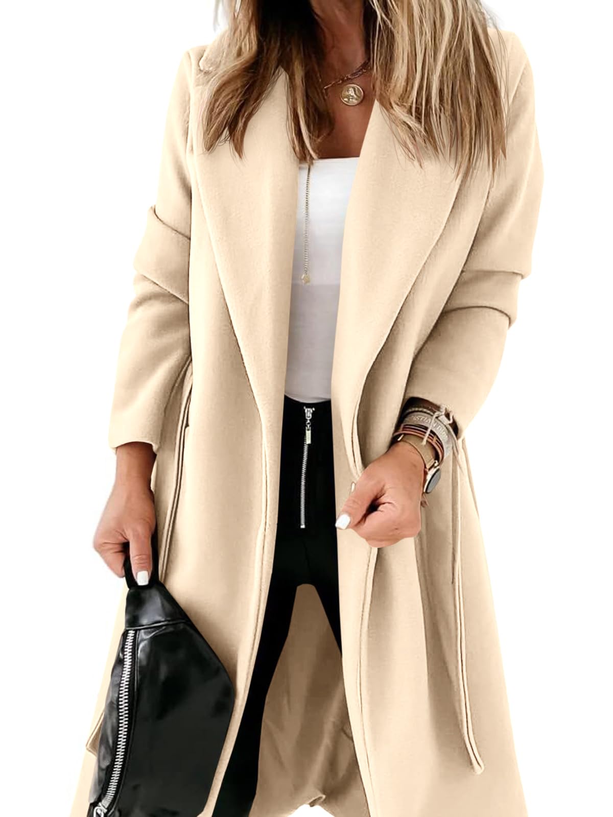 Womens Classic Coat Lapel Collar Open Front Belted Long Jacket, Beige, XL