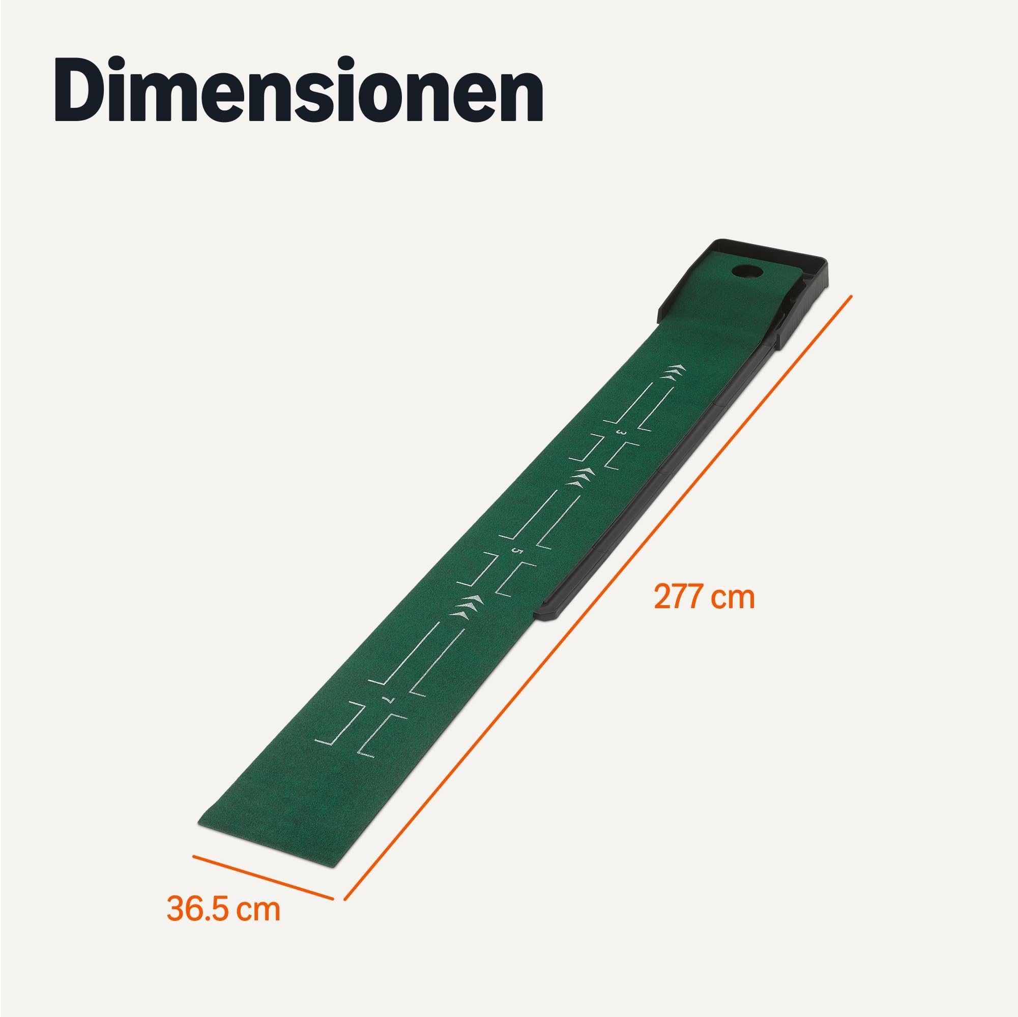 Amazon Basics Puttingmatte mit automatischer Ballrückführung – Golf-Trainingsmatte mit Ausrichtungshilfen, Übungsgrün für drinnen und draußen, 277cm x 36,5cm, Grün