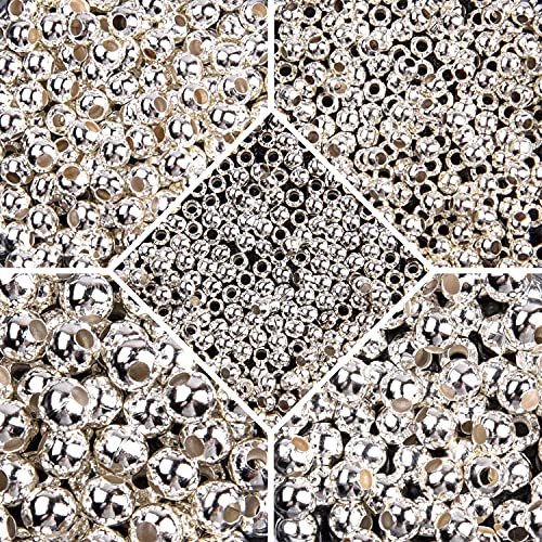 Euvoym 1000 PCS 5 Size Silver Round Spacer Beads Metal Beads Smooth Round Beads Plated Metal Round Spacer Beads for Jewellery Making Craft DIY