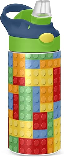 Botella de agua pequeña para niños, 12 onzas, bloques de construcción, botella aislada con tapa con pajilla, vaso de acero inoxidable, vaso térmico