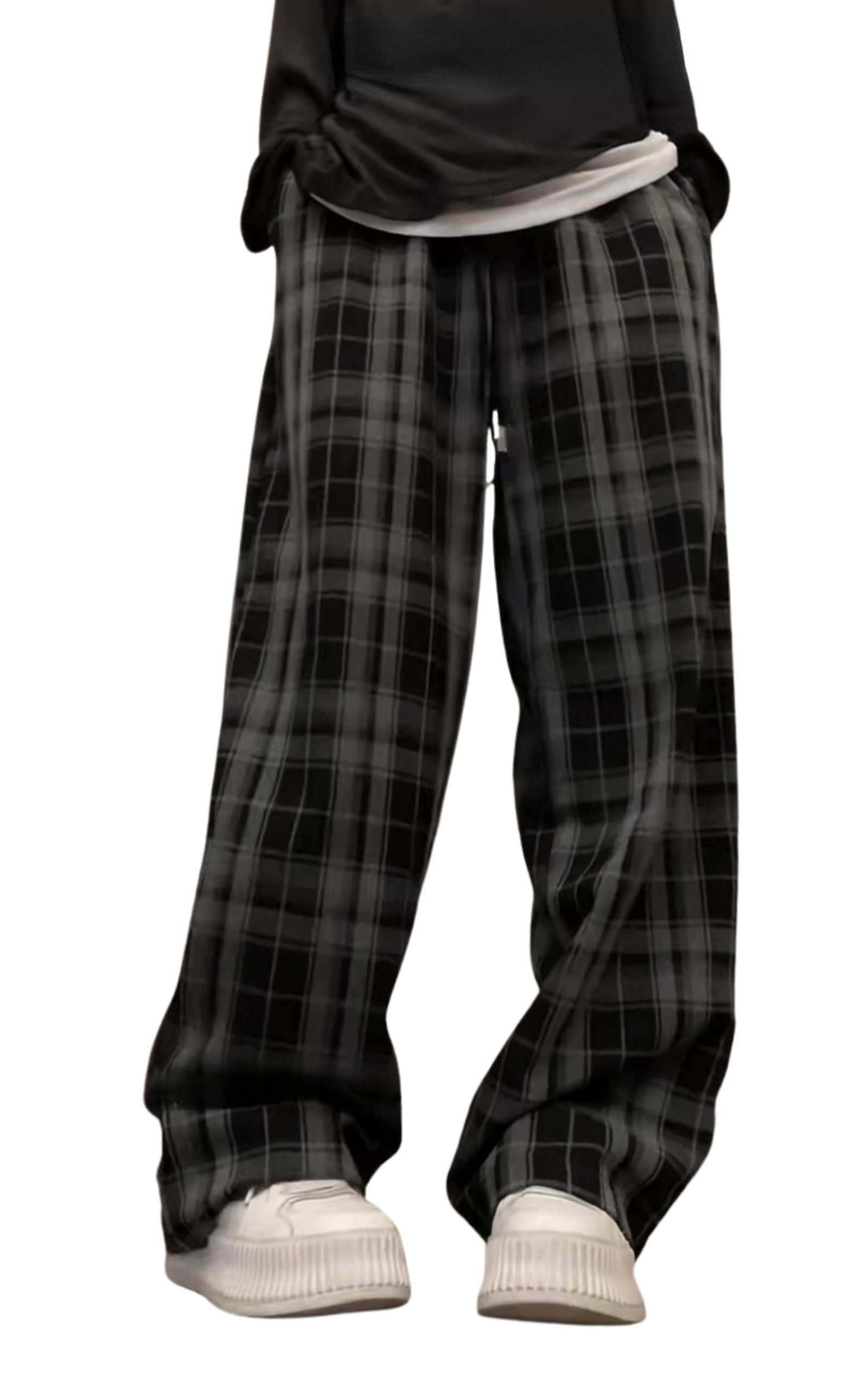 Womens Y2k Plaid Baggy Pants Casual Elastic Waist Drawstring Goth Grunge Pants Trendy Streetwear Clothes