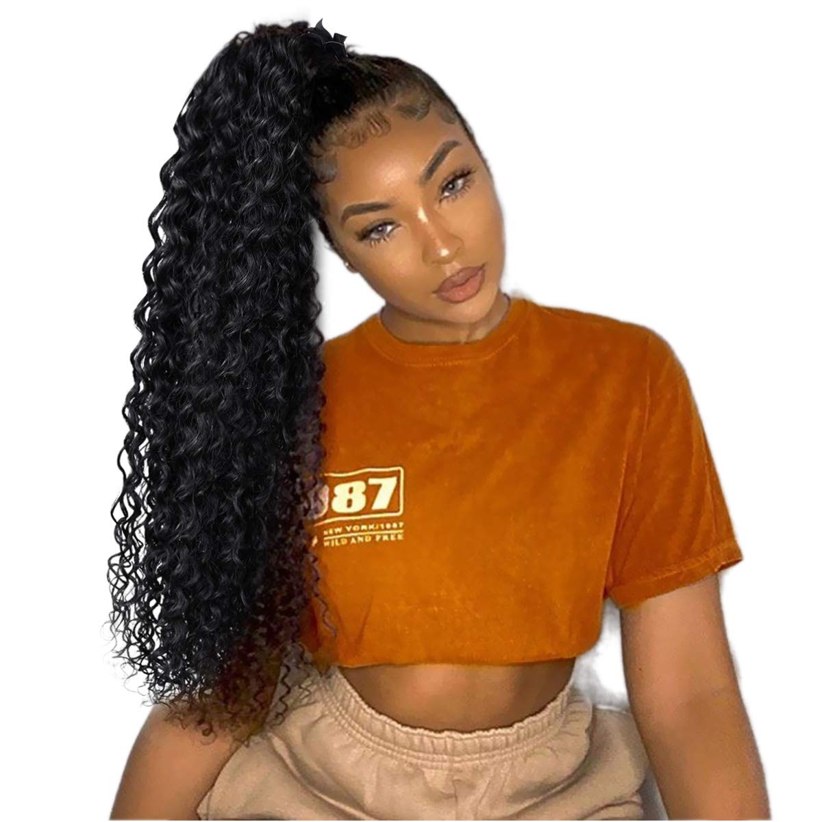 20inch Tie Up Kinky Curly Ponytail Drawstring Hairpiece Synthetic High Puff Afro Curly Ponytail With Comb Clip in Hair Extensions (Black)