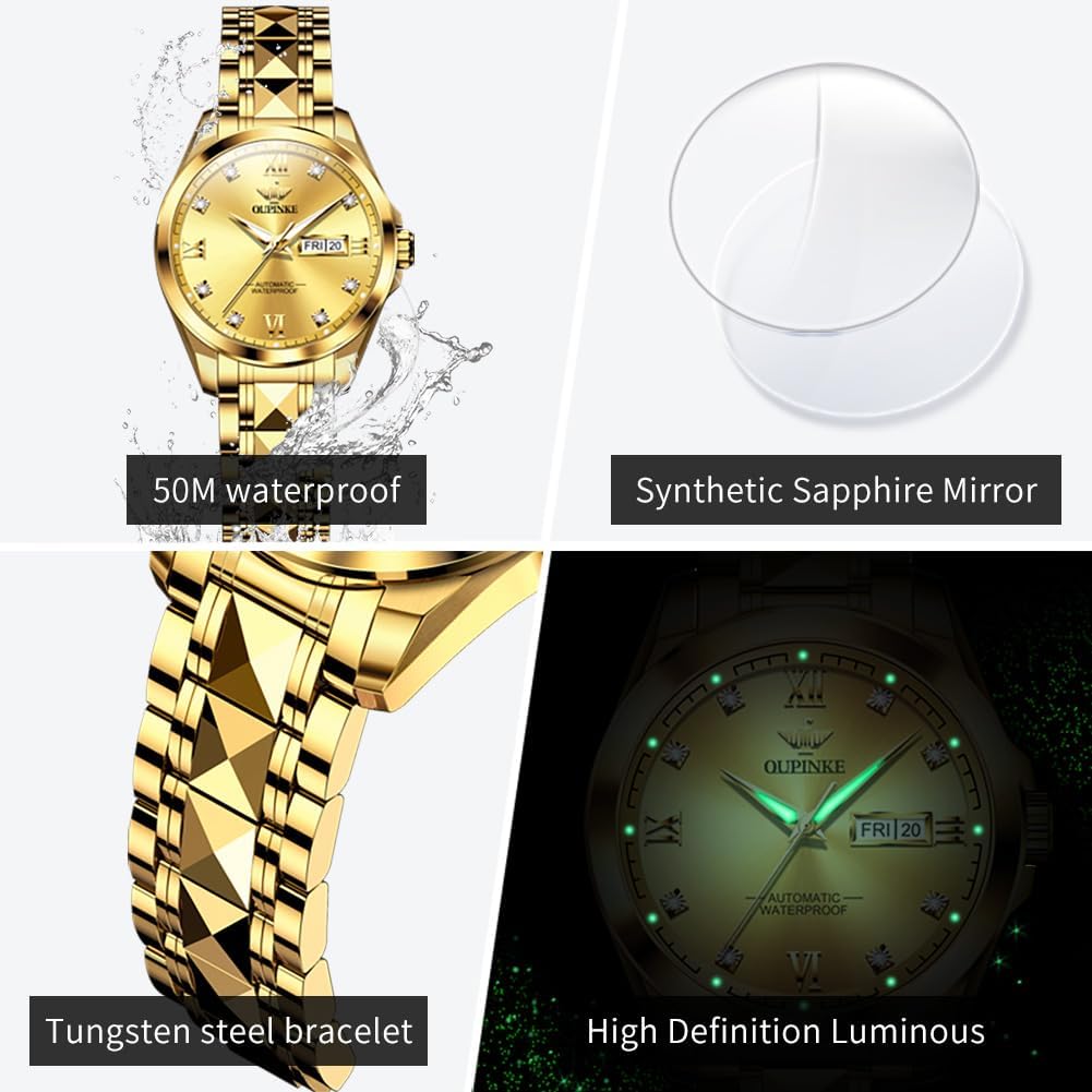 OLEVS Automatic Womens Watch Blue Two Tone Date Watches Mechanical Calendar Watches Diamond Fashion Waterproof Female Wrist Watch - Image 4