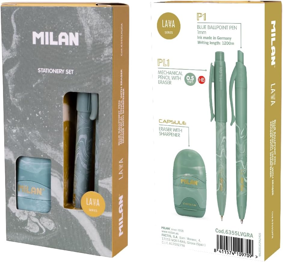 MILAN® Lava Series Gift Box with P1 Ballpoint Pen, Mechanical Pencil PL1 0.5mm HB and Sharpener - Green