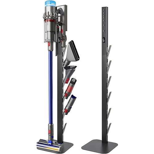 Vacuum Stand Holder for Dyson Gen5 V8 V15 V12 V11 V10 V7 V6, Metal Floor Docking Station with Built-in Cord Management, Storage Bracket Organizer with 6 Hooks for Cordless Vacuum Cleaner & Accessories