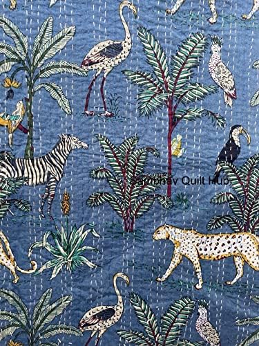 Handblock Jungle Tiger Print Handmade Cotton Kantha Quilting Throw Blanket Hippie Queen/King Size Bohemian Animal Block Kantha Quilt (Blue)