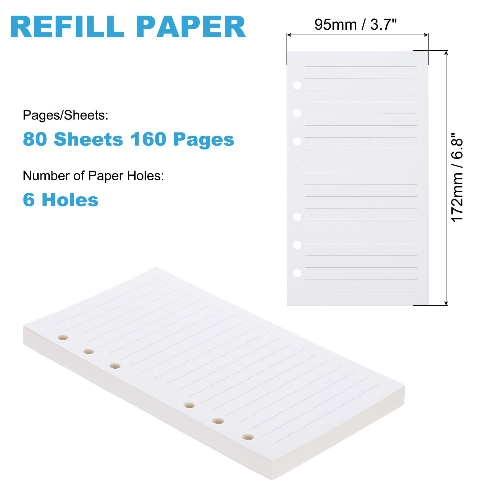 PATIKIL A6 Ruled Refills Inserts 6-Ring Binder Loose Leaf Planner Filler Paper Planner Inserts, 80 Sheets/160 Pages, Lined, White - Image 2