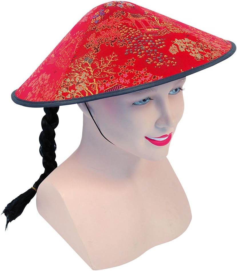 BH441 Chinese Coolie Red Fabric and Plait, Unisex-Adult, One Size