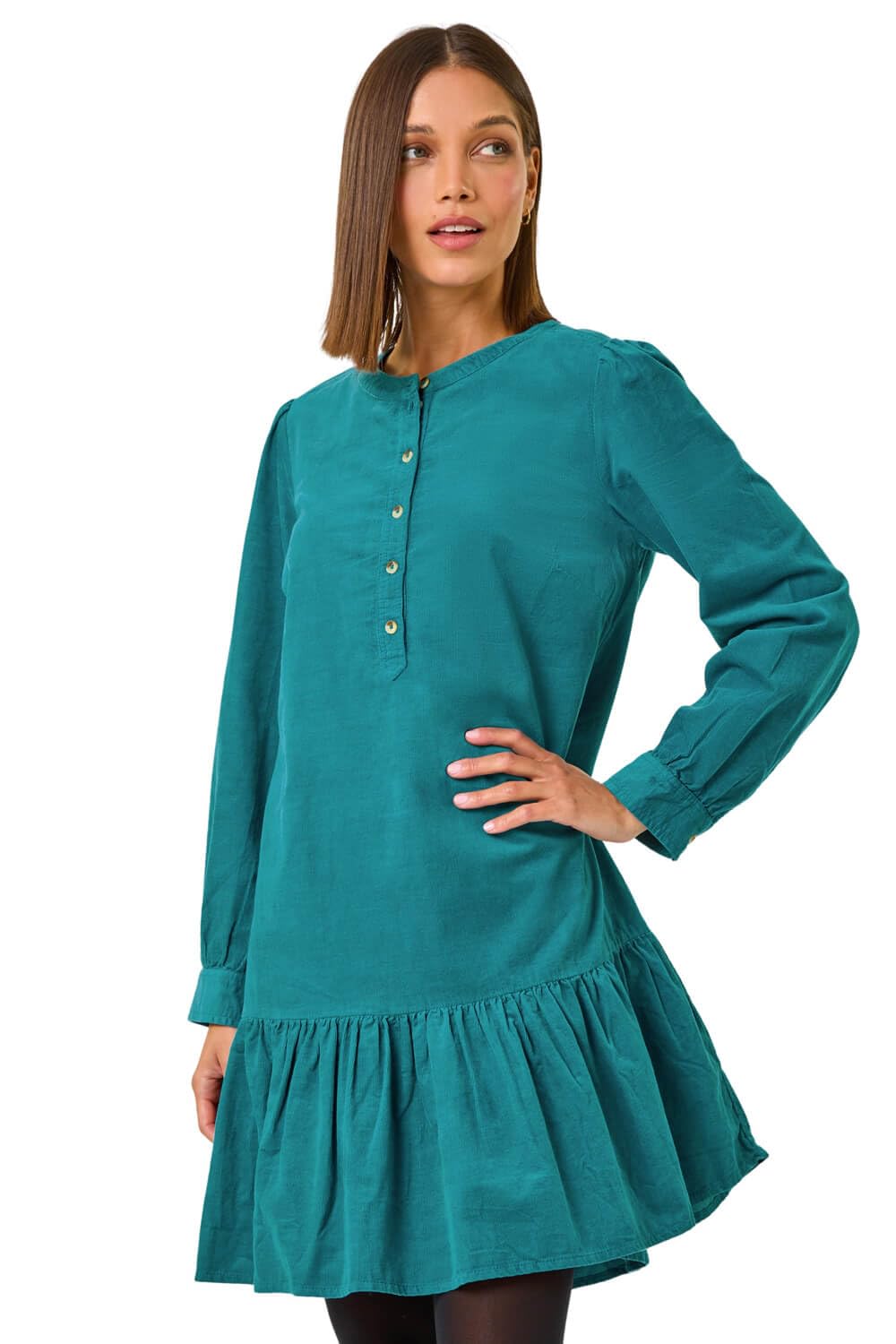 Roman Women's Teal Corduroy Button Detail A-Line Dress Size 16