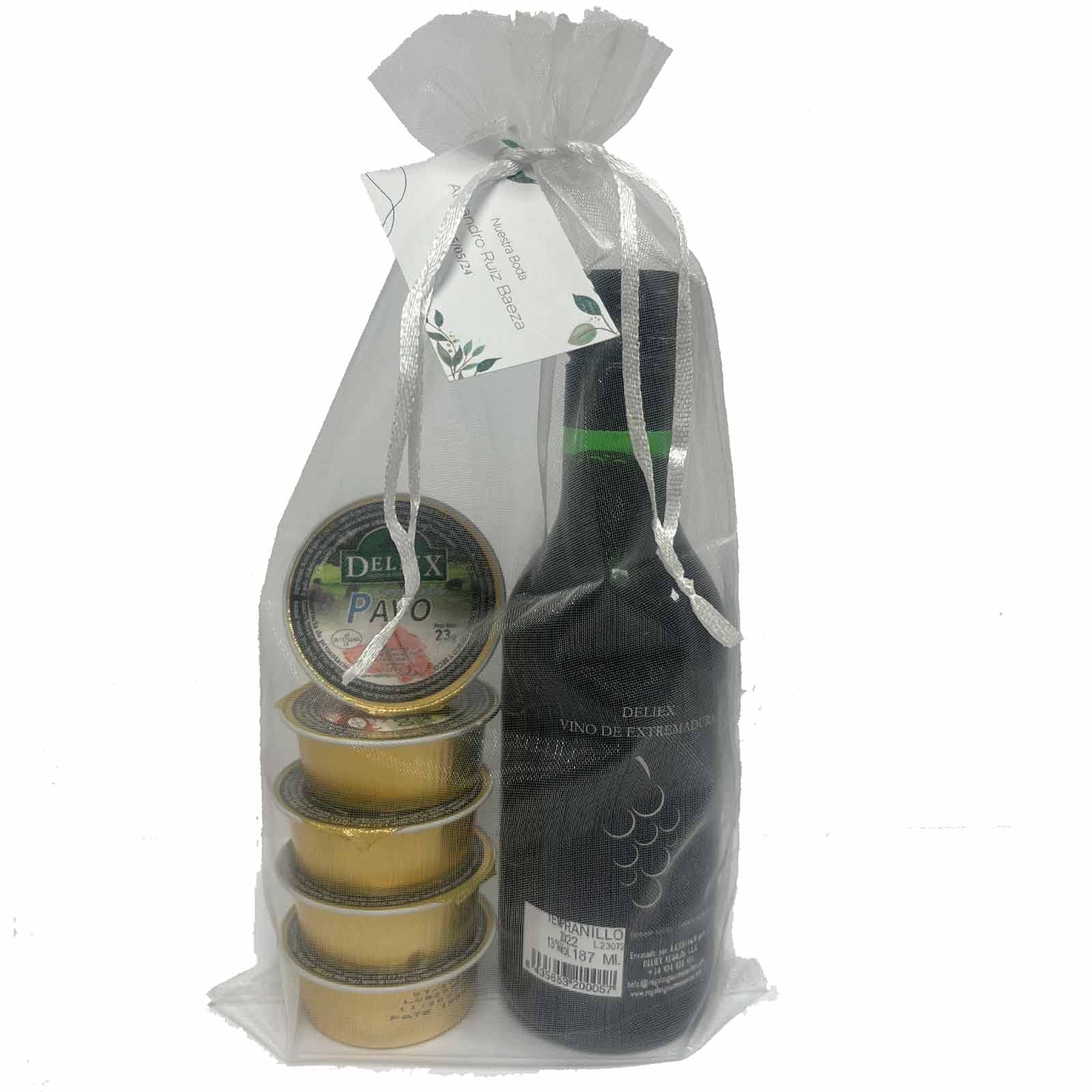 Lote gourmet de vino en miniatura con 5 monodosis de patés variados, bolsas y tarjetas personalizadas para detalles a invitados en bodas, bautizos comuniones (Pack 24 ud)