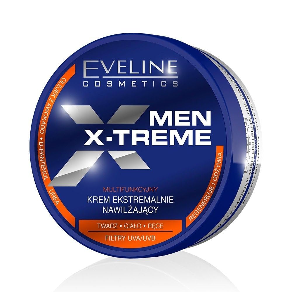 Eveline Cosmetics Men X-Treme Multi-Functional Extreme Moisturizing Cream, Lightweight Formula, 24-Hour Hydration with Avocado Oil & Silk Extract, 200 ML