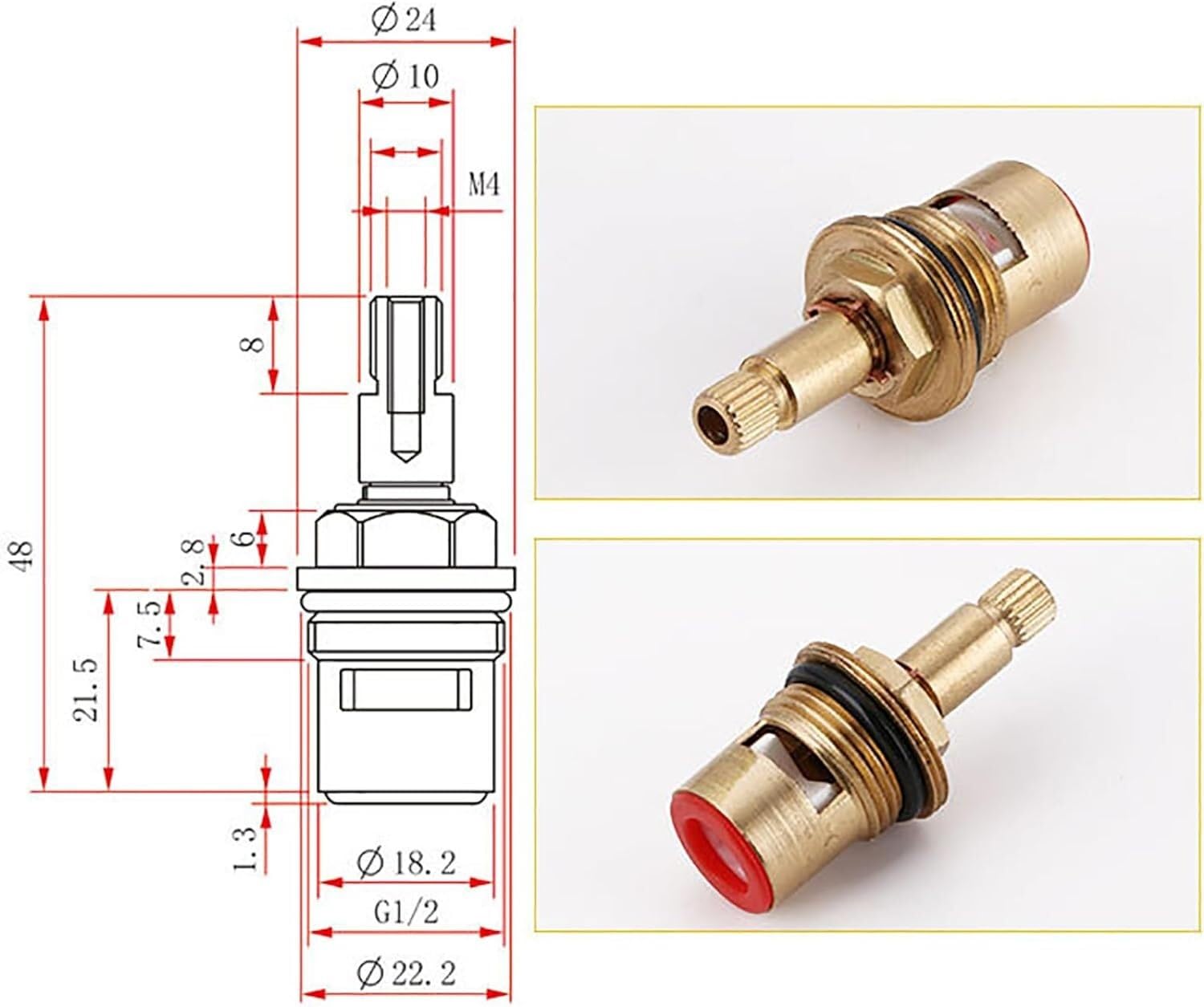 Reemplazo de válvula de grifo de cartucho de disco de vástago de cerámica de latón, cuarto de vuelta de 1/2 "para grifo de cocina de baño,(Red)