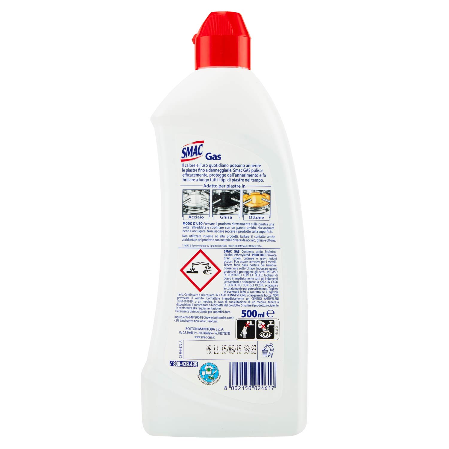 Smac - Gas, Detergente per Piastre e Fornelli, Azione Pulente e Brillantezza, Protegge dall'Annerimento, 500 ml x 12 Pezzi
