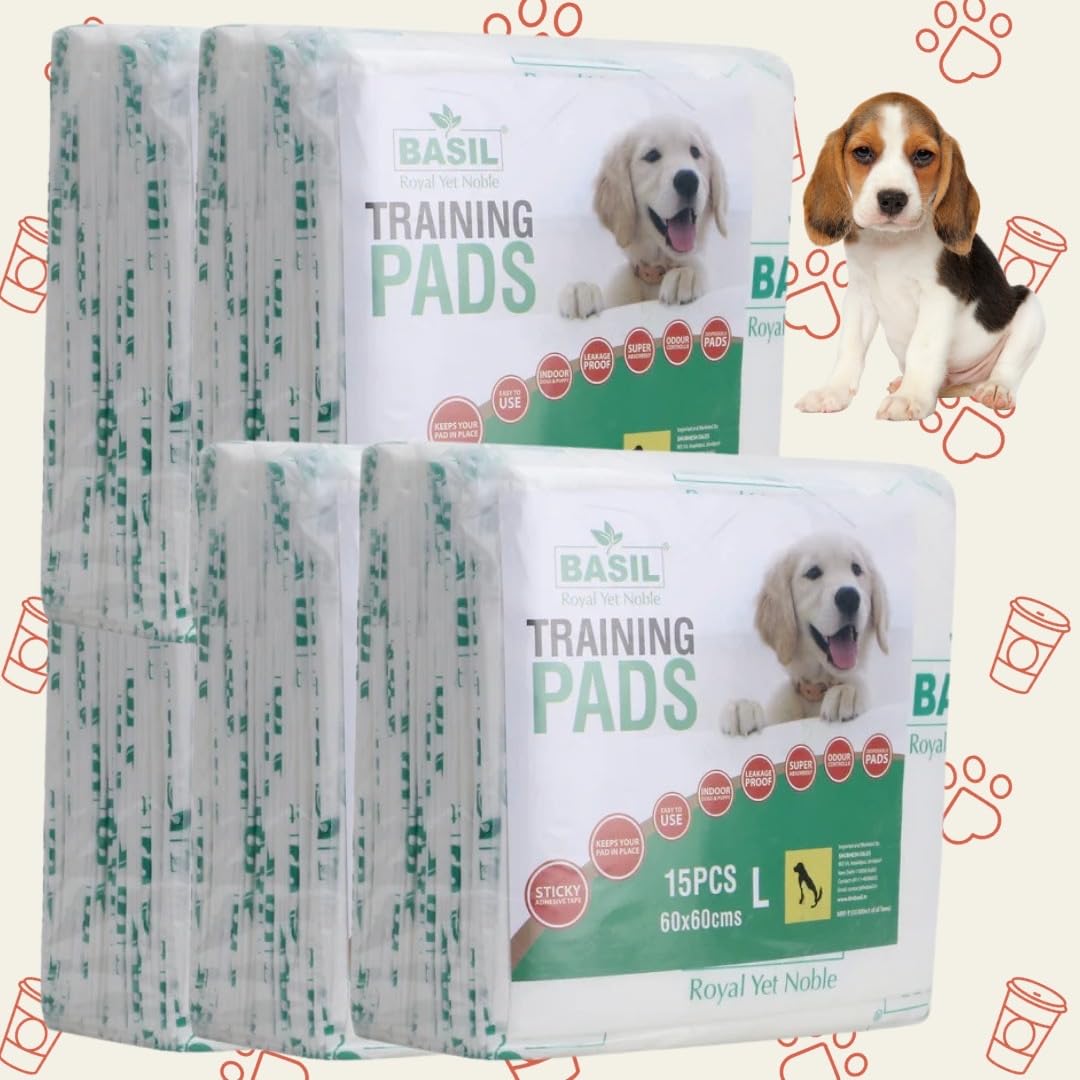 PetaPuppies Basil 15 Super Absorbent Training Pee Pads with Leak Proof (Size - Large & 60x60 Cms) for All Pets Dogs, Puppy, Peeing Toilet Trainer Mats, Potty Pads- Pack of 5 (B0CC5DLD68) Amazon Price History, Amazon Price Tracker