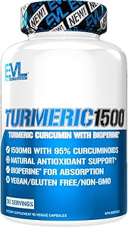 Evlution Nutrition Turmeric Curcumin with Bioperine 1500mg, Premium Pain Relief & Joint Support with 95% Standardized Curcuminoids, Non-GMO, Gluten Free, Veggie Capsules (30 Servings, 90 Capsules)