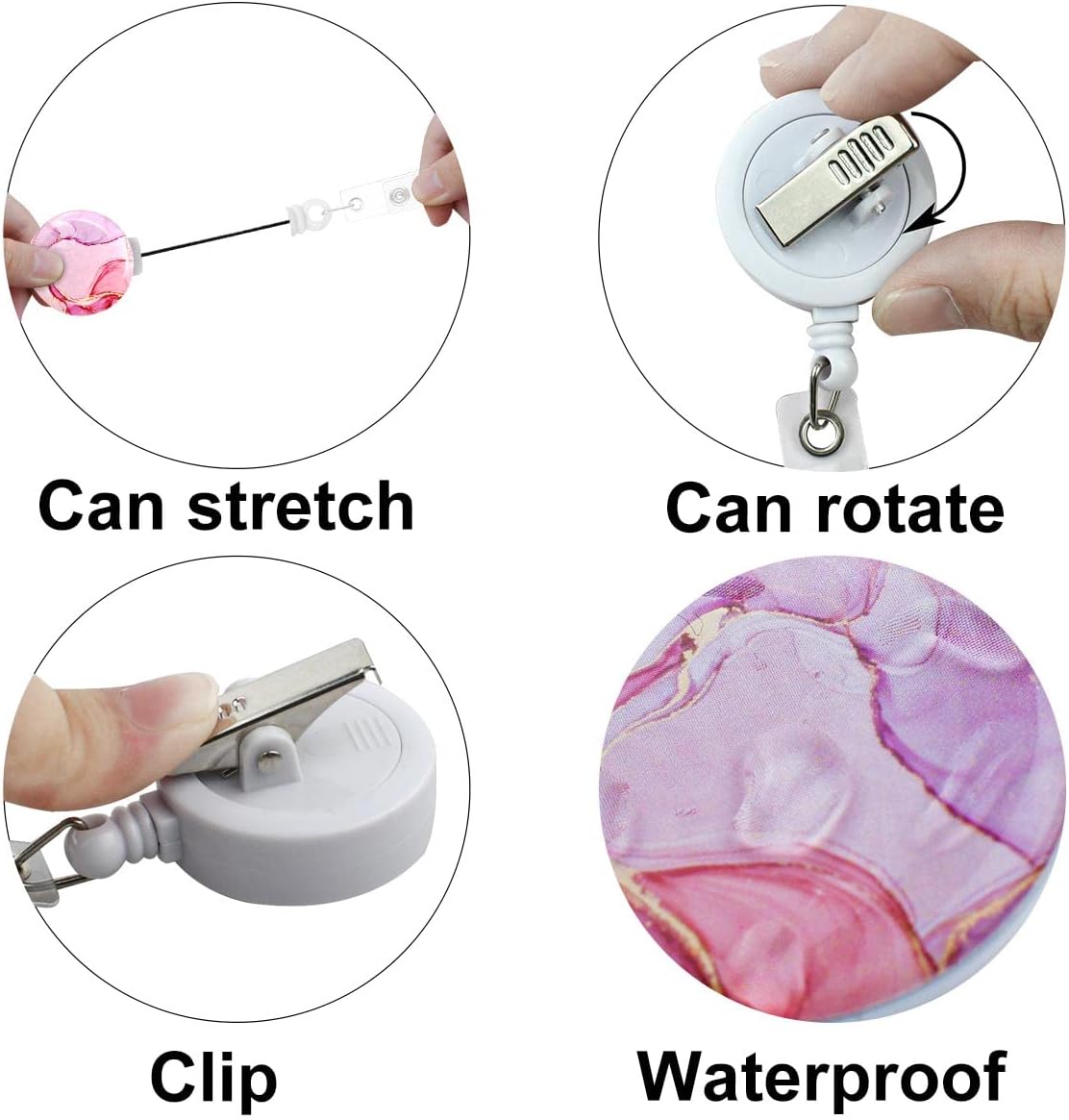 4 Pack Retractable Id Badge Clip Marble Name Card Badge Holder with Alligator Clip ​for Nurse Doctor Office Worker Student Badge Clips Decorative Holders Carabiner Cute Reel Holder for Nursing Worker