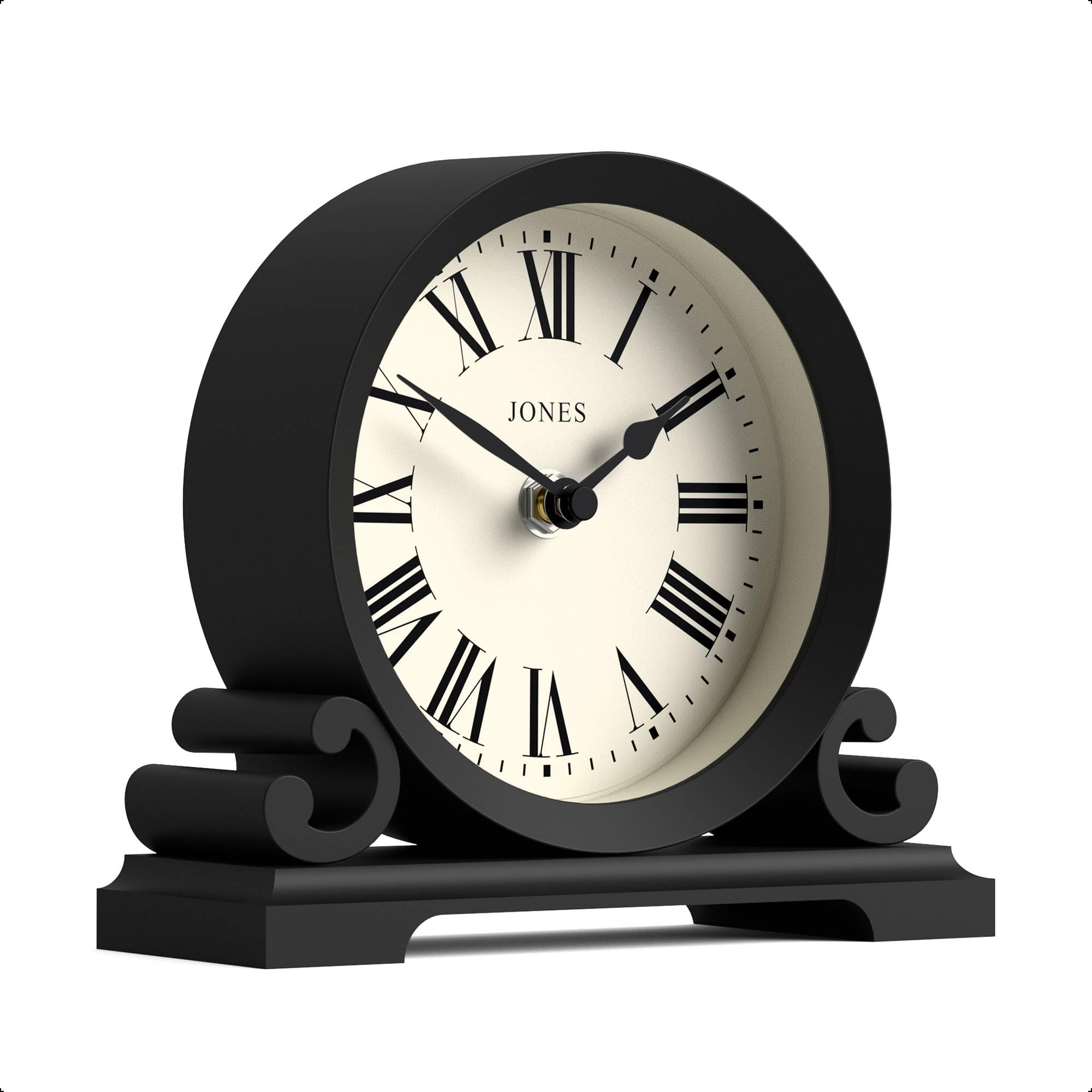 Jones Clocks Black Jones Clocks® Saloon Mantel Clock | Small Traditional Double Scroll Design | | Roman Numerals | Classic Style For Desk, Table, Shelf Or Bedside