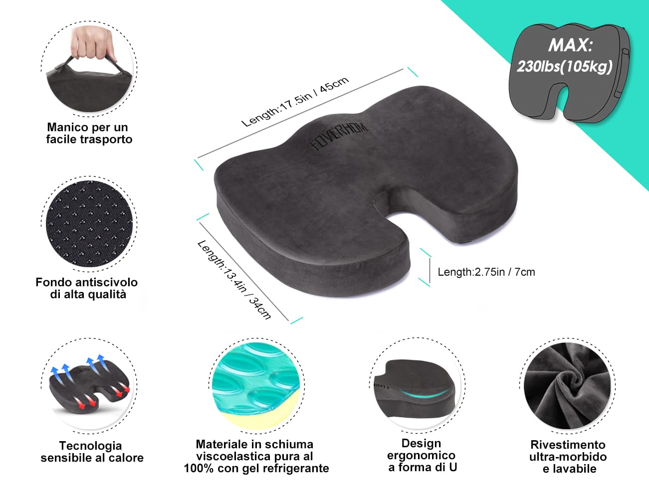 foverhom Cuscino in gel per seduta lunga, cuscino per sedia da ufficio per alleviare il dolore al coccige, ortopedico antiscivolo a 50 densità, memory foam a rimbalzo lento, cuscino per seggiolino