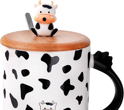 Miniatura 3 de Needzo Taza de vaca con cuchara y tapa de bambú, taza de café blanco y negro para chocolate caliente, té, cereales o avena con tapa 3D, 14 onzas