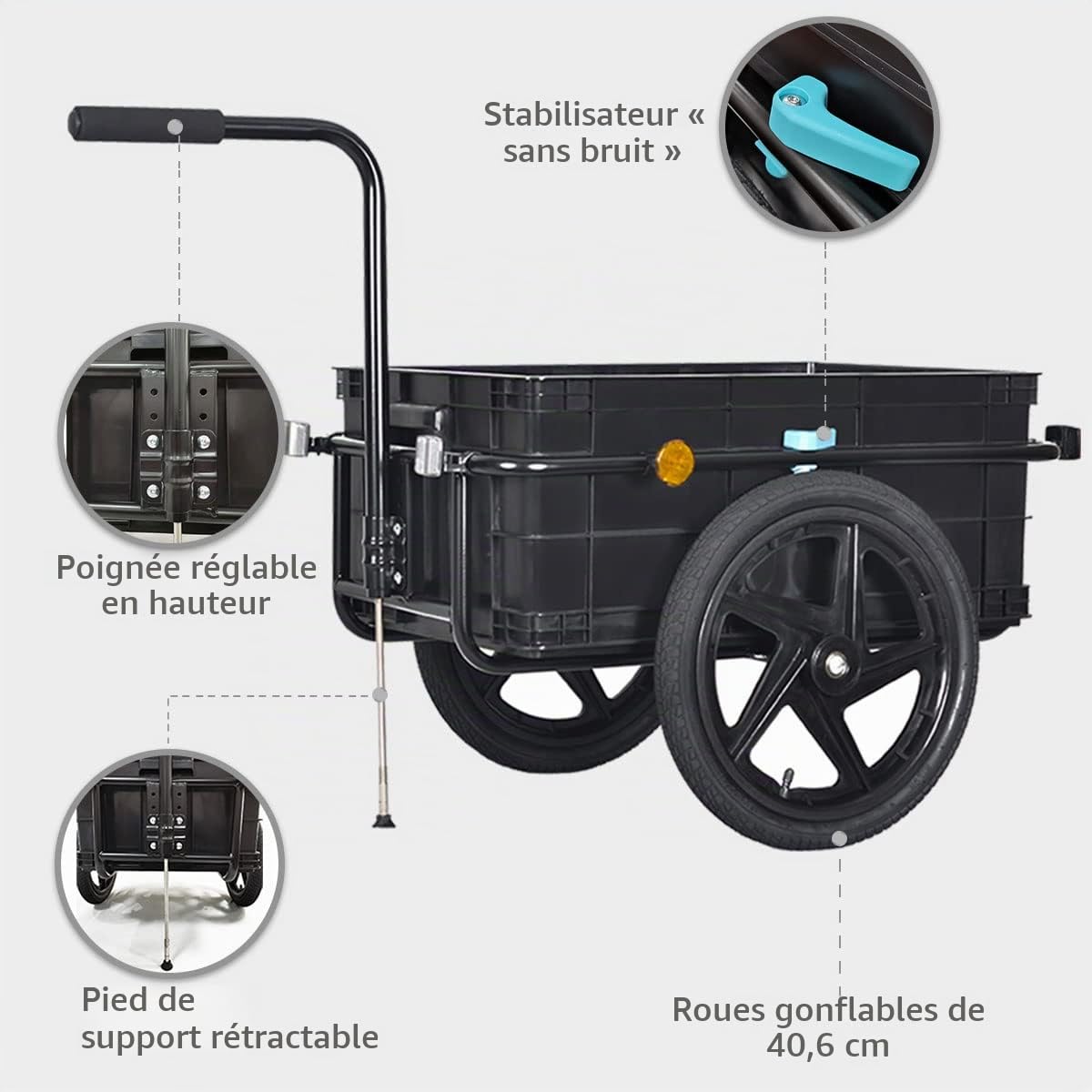 Tiggo Plus Remorque de vélo 70l Cargo remorque Chariot à Main 2 en 1 Grande boîte de tranport