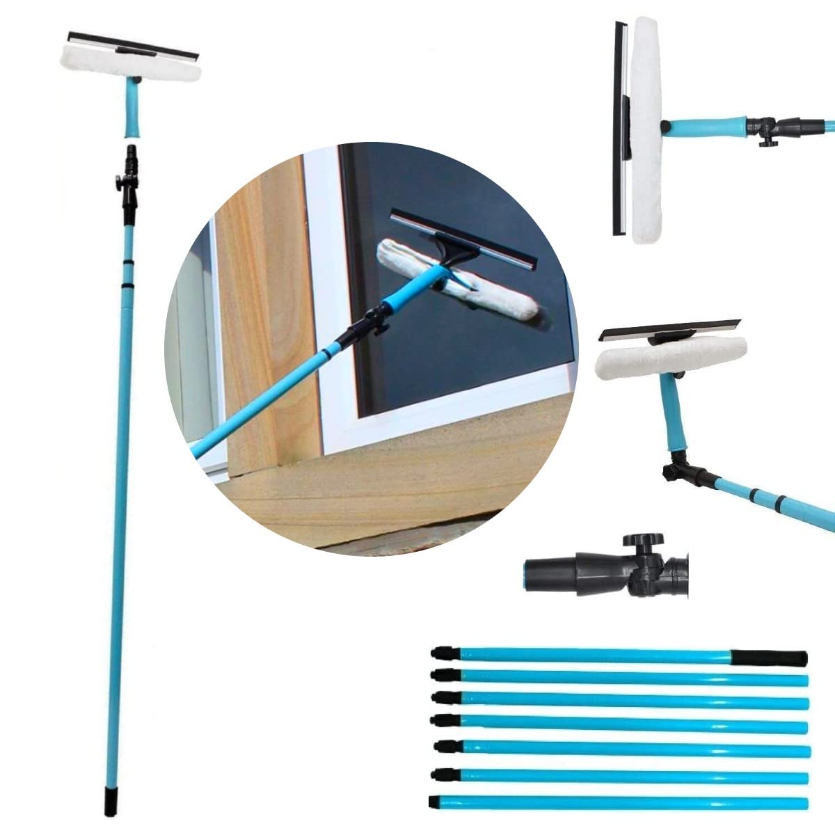 Retaaj Assorted Colour Will Be Sent 3.5M Telescopic Window Cleaner Brush Squeegees Extendable Conservatory Glass Cleaning Equipment Kit Aluminium Metal Pole