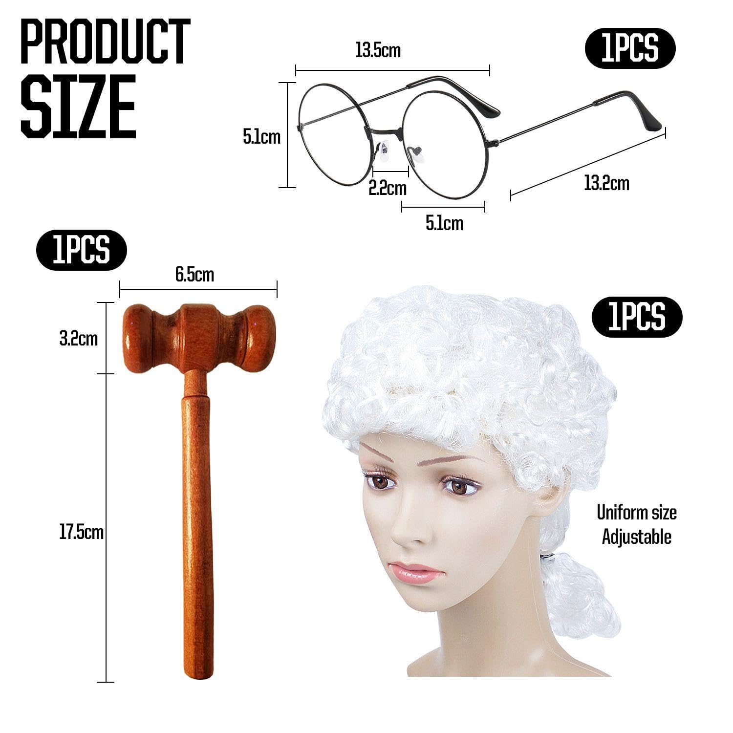 1 Wig, 1 Wooden Hammer, 1 Glasses, Judge Costume Accessories, Role Play Costume Set - Image 2