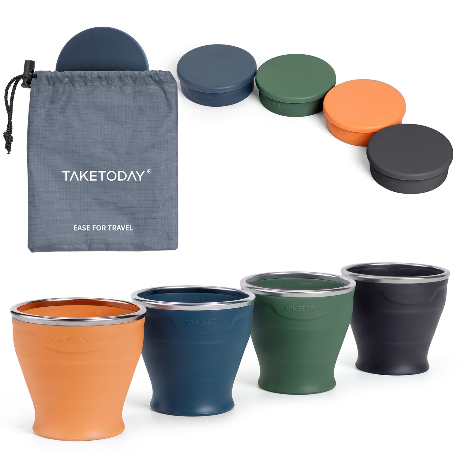TakeToday Zusammenklappbarer Reisebecher 240 ml – Silikon-Faltbecher, Trinkbecher-Set für Camping, Outdoor, Orange