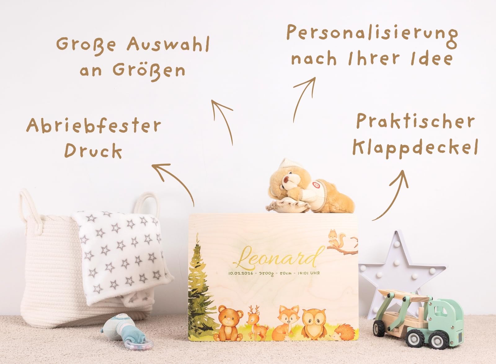 Pinus Erinnerungskiste Holz personalisierbar 60x40x23 cm | Wunschtext Name Datum, Kiefernholz, UV Druck, Baby Erinnerungen, Geschenk Geburt Taufe 1 Geburtstag