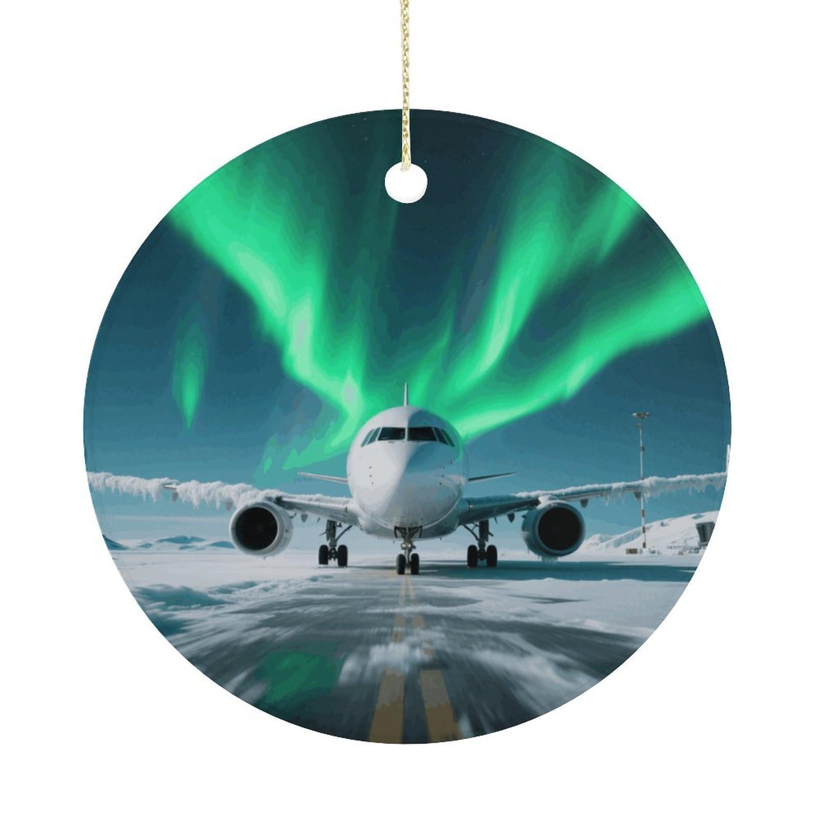 Personalized Christmas Ornaments 2025 Ceramic Hanging Airplane Under The Polar Night Sky Ornaments with Gold String Double-Sided Vintage Holiday Decorations for Tree Mantel Tabletop Xmas Party Favors