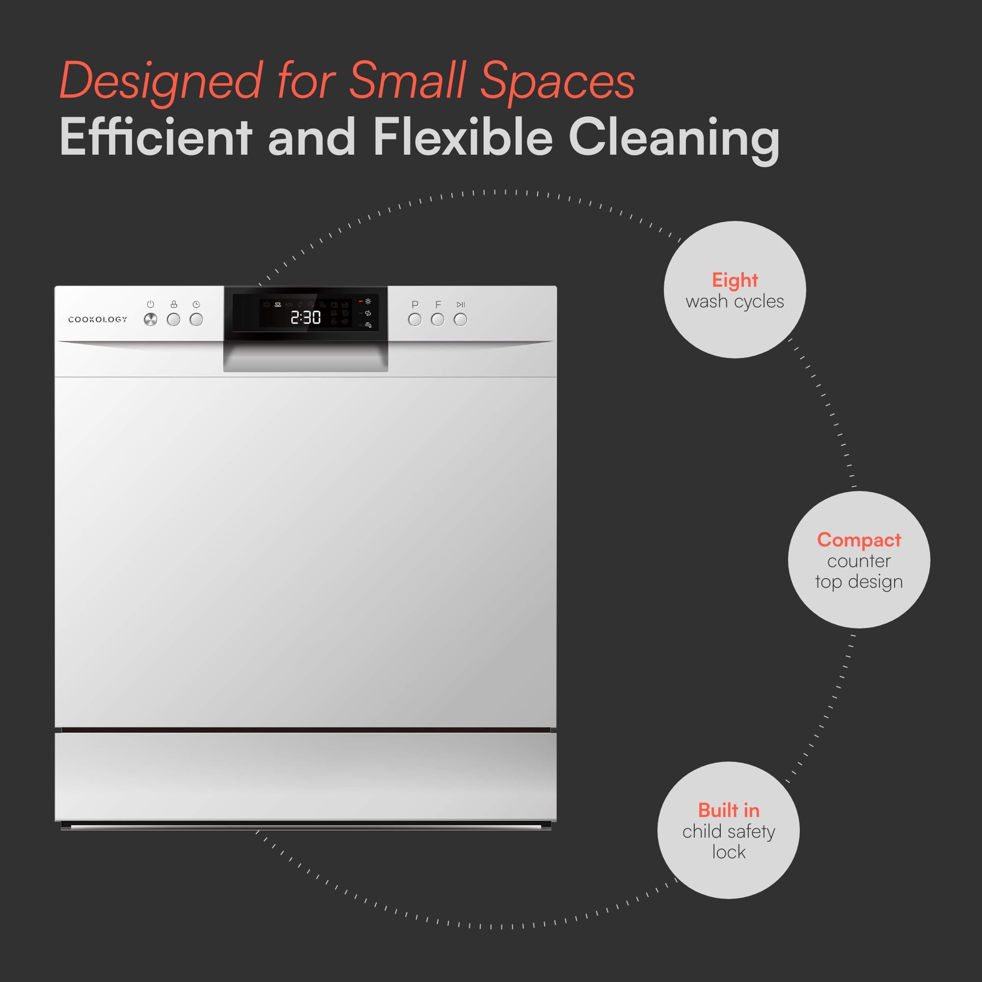 Cookology CTTD8WH Mini Counter Top Dishwasher in White - Compact & Portable - Tabletop Small Appliance - 8 Settings - 8 Wash Cycles - ECO Friendly Mode — view 3
