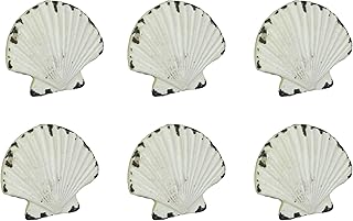 Set of 6 Distressed Finish Coastal White Cast Iron Scallop Shell Drawer Pulls