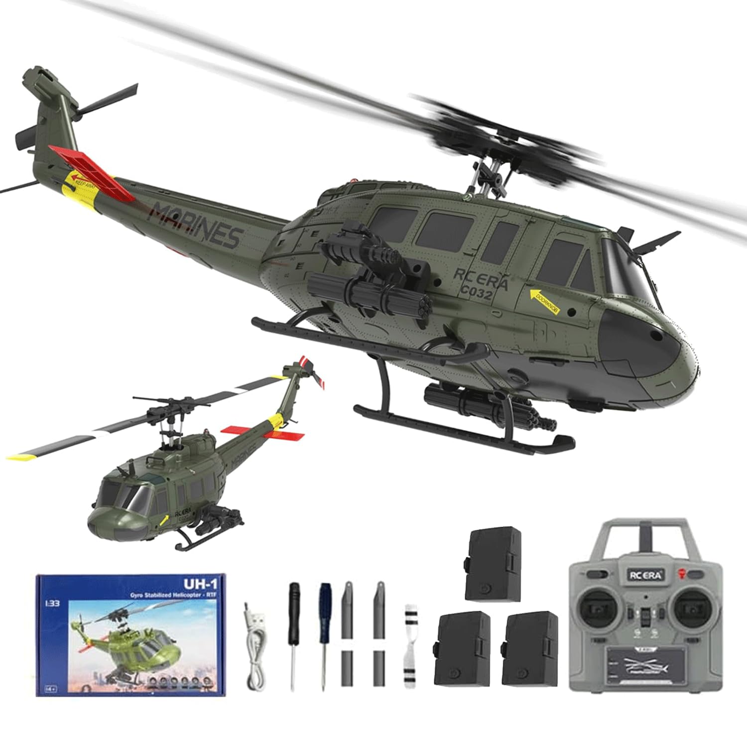 NULA RC ERA C032 UH-1 Huey RC Helicopters, 1/48 Scale 6CH 2.4G 6-Axis Gyro Stabilized Military Aircraft with 3D Inverted Flight & Altitude Hold for Adults Beginners (RTF / 3 Battery)