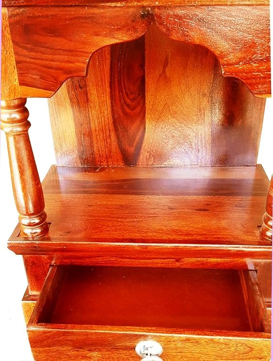 Image of Sheesham Wood Temple with with 1 Drawer Storage for Puja Ghar Wooden Mandir for Home (Natural Finish)