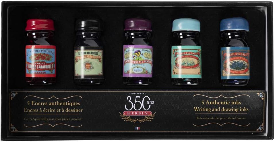 Jacques - Ref 18900T - 350 Years Set - 5 x 10ml Bottles of Watercolour Ink for Fountain Pens & Rollerball Pens - Blue, Purple, Red, Black, Green