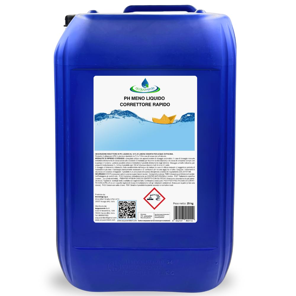 acquaverde | Ph - Meno Correttore Liquido, Regolatore e Abbattitore di Ph per Manutenzione Acqua di Piscina, Consigliato anche per Dosatori Automatici, 25 kg