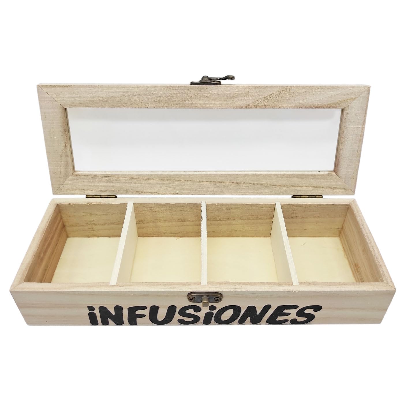 Acan Tradineur - Pack de 6 cajas de madera natural Infusiones con tapa de cristal, 4 compartimentos, decoración, almacenamiento, té, manzanilla, manualidades, regalo - 25 x 9 x 5 cm