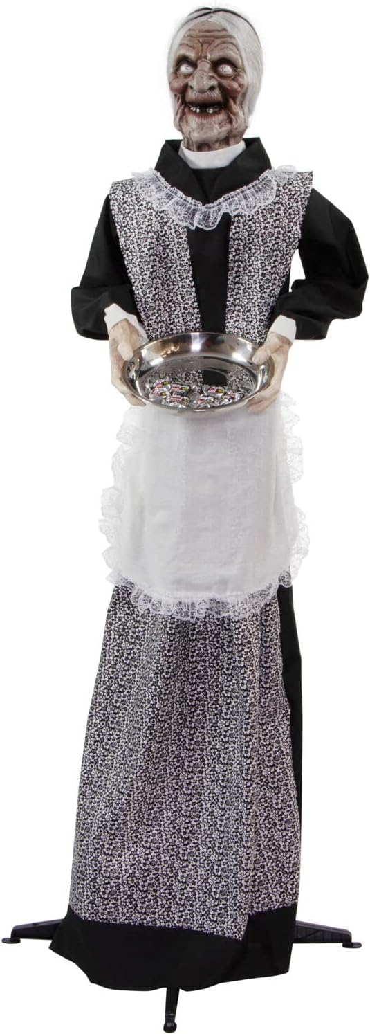 Haunted Hill Farm Life-Size Animatronic Scary Talking Zombie Maid Holding Tray with Touch Activated Lights and Sound, Battery-Operated Indoor or Covered Outdoor Halloween Decoration 61" Standed Animated Housemaid