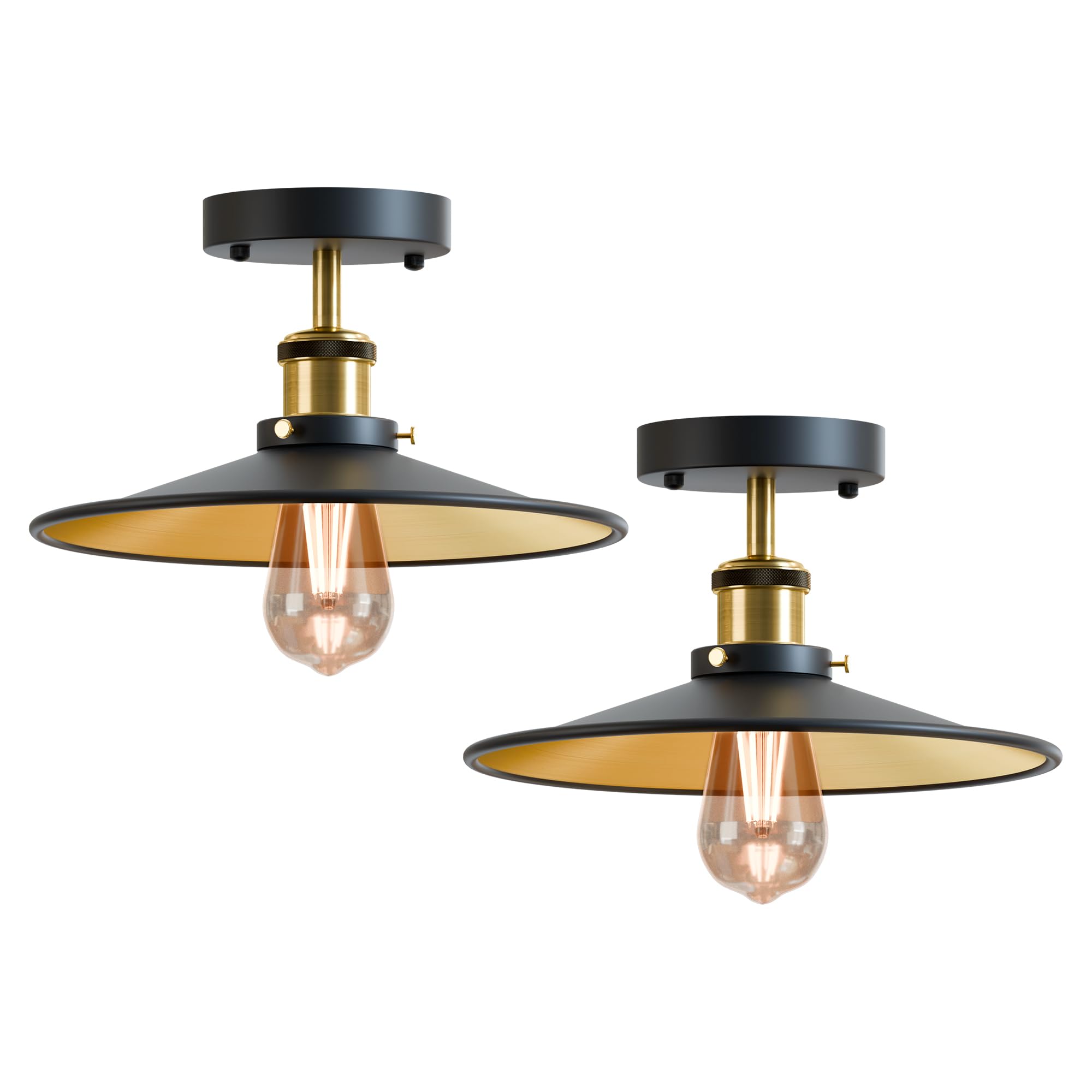 LEDSone Pack of 2 E27 Vintage Flush Mount Ceiling Light with 22cm Black Inner Gold Lampshade Easy Fit Metal LED Farmhouse Ceiling Lighting Chandelier Lamp for Kitchen Hallway Livingroom EPC A+ โ image 1