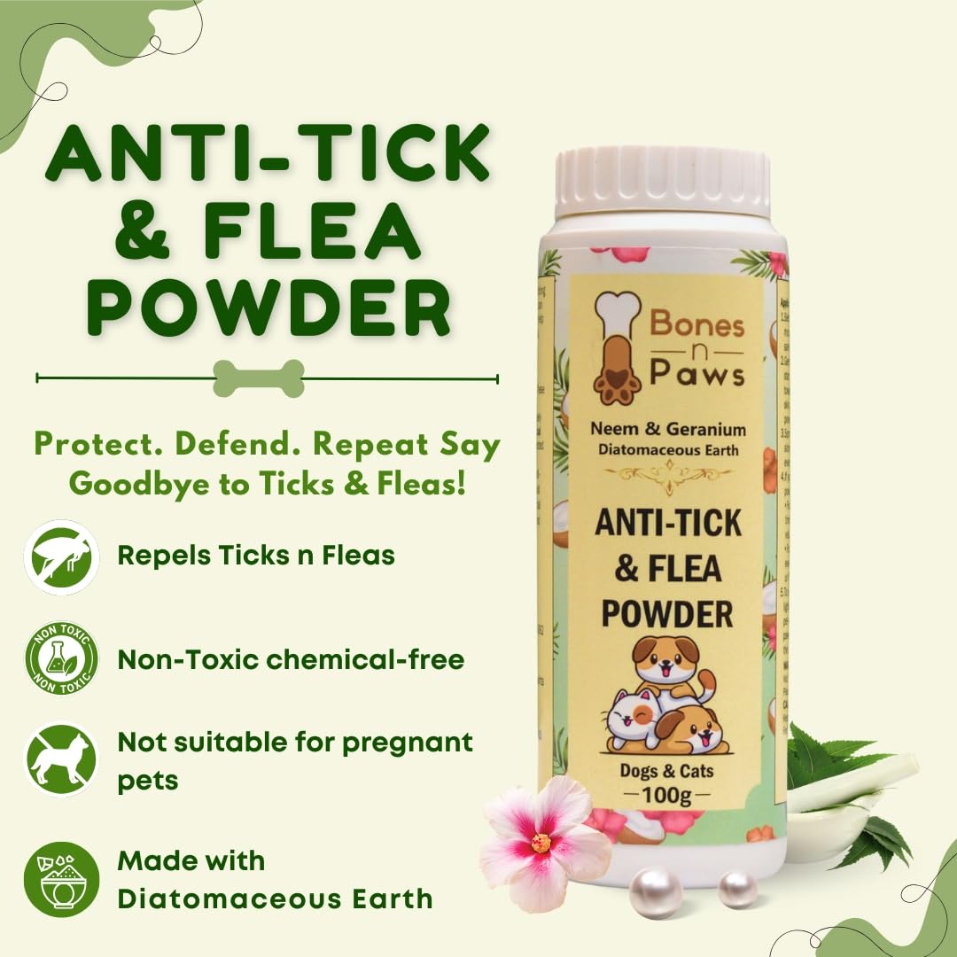 BONES N PAWS Anti-Tick & Flea Powder 100 G for Dogs & Cats | with Diatomaceous Earth, Neem, Geranium & Essential Oils | Kills Lice, Flea Eggs, Bacteria | Puppy Safe ,Anti-Fungal, Antibacterial. 1