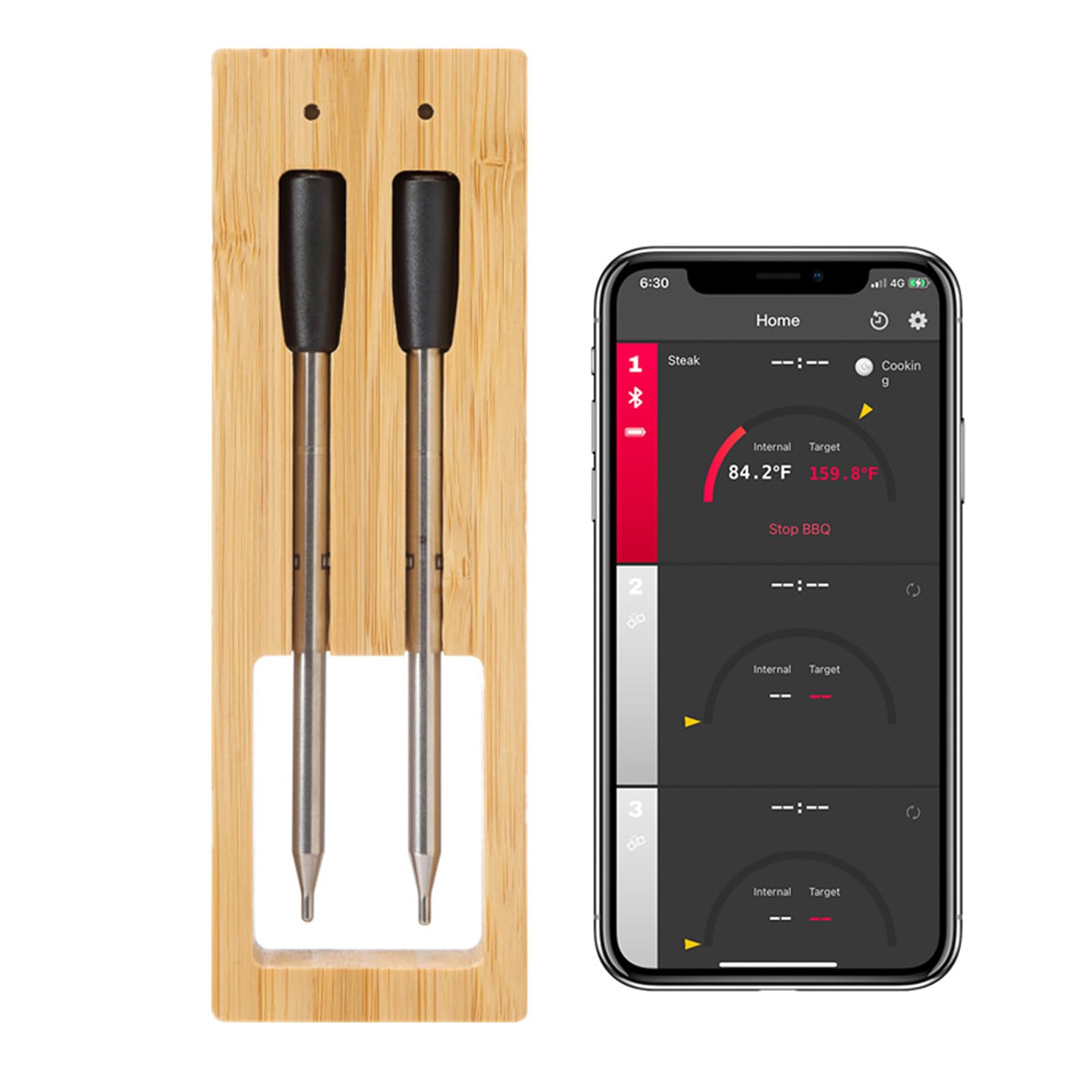 XoTiq Termómetro inalámbrico Inteligente para Carne, termómetro para Carne con Bluetooth, 2 sondas, termómetro inalámbrico para Carne a Prueba de Agua IP67, Carne, Barbacoa, ahumador, Pollo