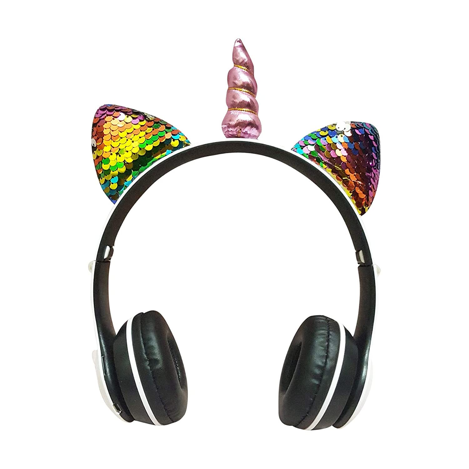 harddo Latest Trendy Stylish Unicorn Horn & Sequence On-Ear Bluetooth Headphone with AUX Option, SD Card Slot for Kids (White & Black)-image-30