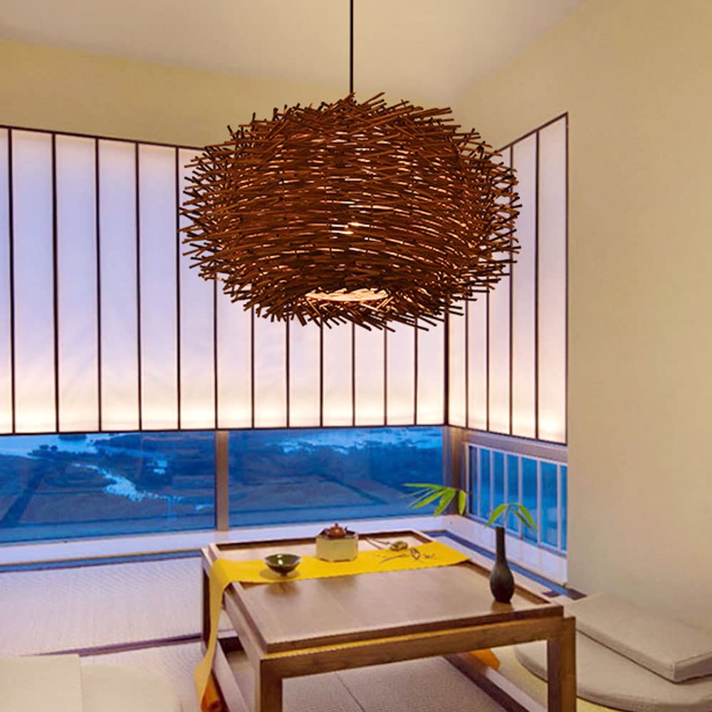 Lámpara Colgante De Mimbre De Bambú Lámpara Colgante De Farol De Bambú, Pantalla Nido De Pájaro Natural Luz De Mimbre De Araña De Decoración con Accesorios para Jardín, Comedor,