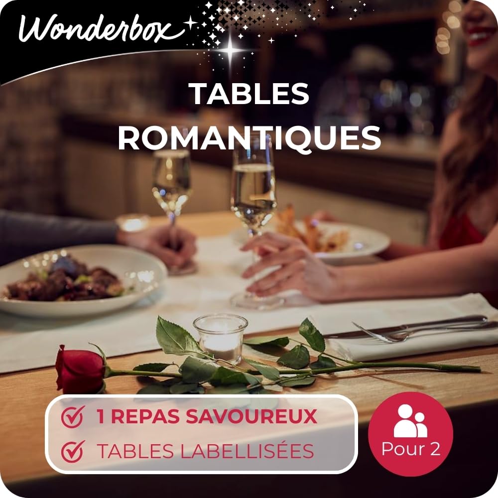Wonderbox - Tables Romantiques Avec Vin, Champagne Ou Apéritif - Coffret Cadeau - Idée Cadeau Gastronomie | 1 repas avec vin, champagne ou apéritif - Plus de 700 restaurants labellisés - Cuisine raffinée dans un cadre romantique