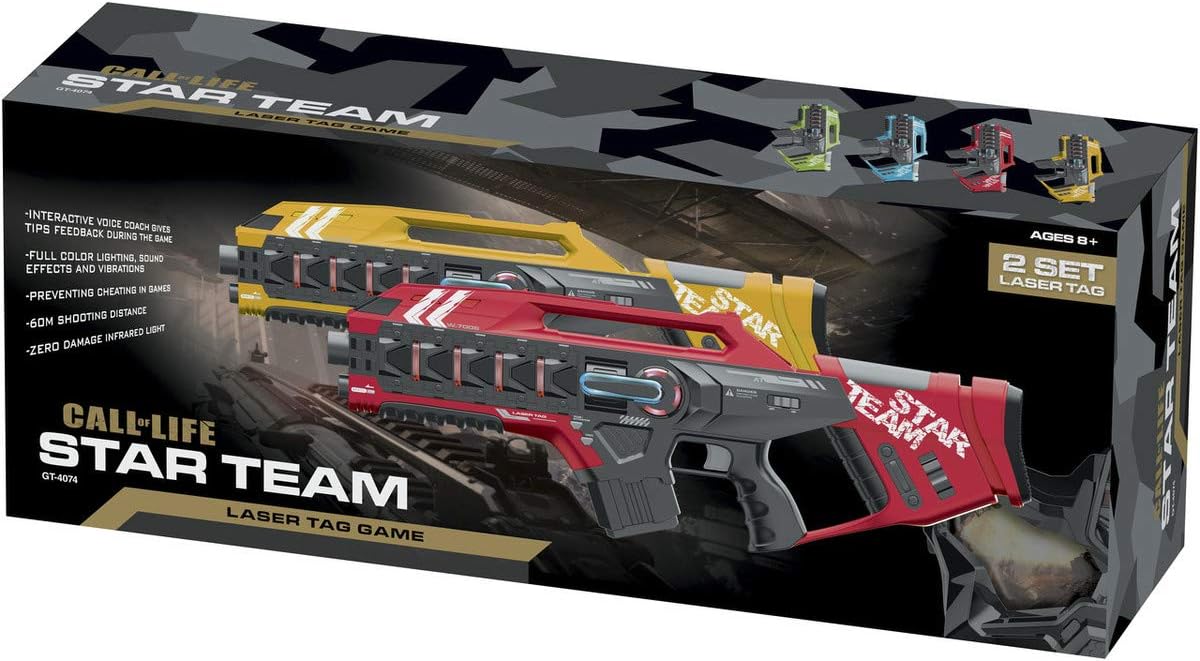The retail box for the Jaycar Laser Tag Battle Gun 2pk, showing both red and yellow guns on the front.