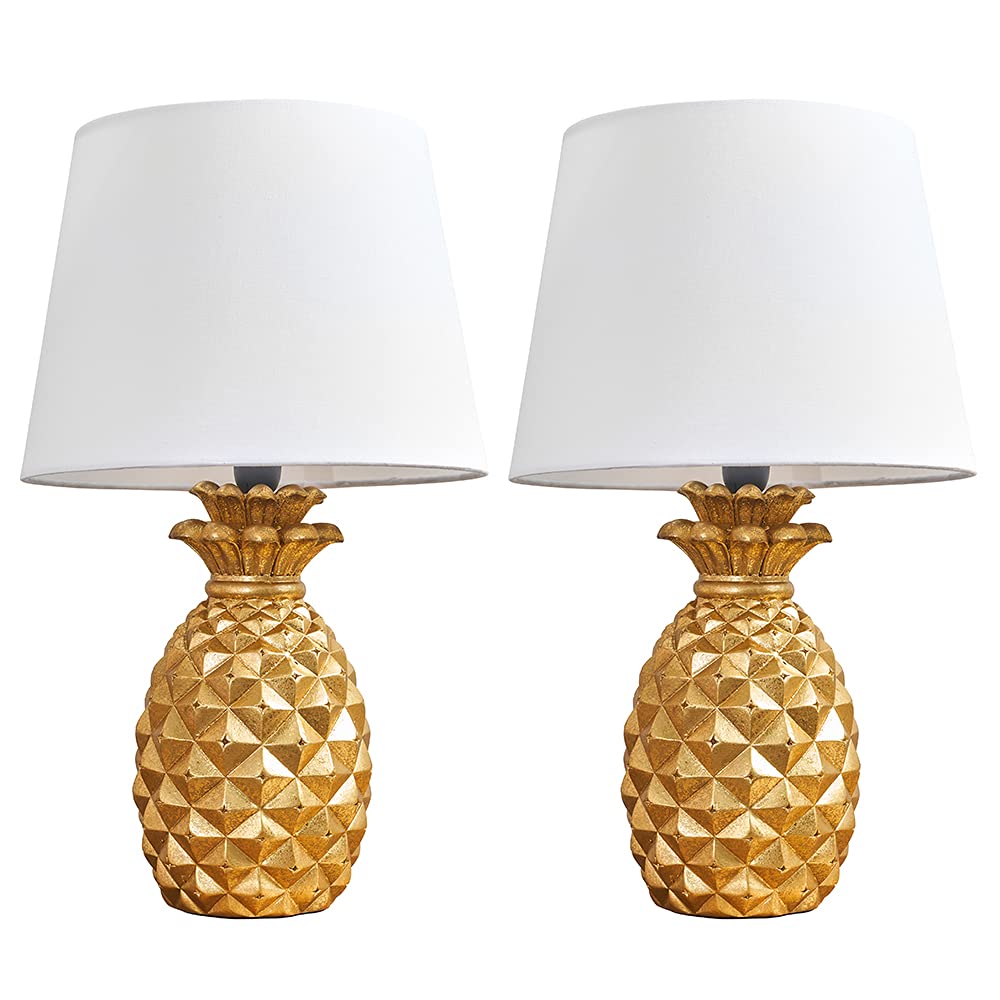 Pineapple Pair Gold Effect Table Lamps - White Tapered Shades - Contemporary Design - ValueLights